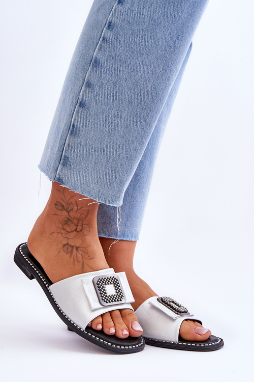 Damskie Skórzane Klapki Z Dżetami S.Barski KV-2775-33 Srebrne