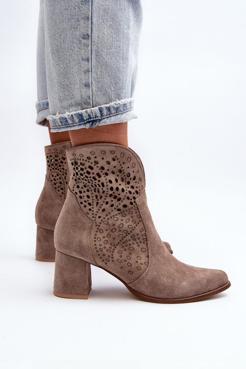 Zazoo 3166/P Damskie Ażurowe Botki Na Obcasie Zamszowe Beżowe
