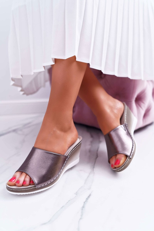 Damskie Klapki Na Koturnie Eleganckie Metaliczne Loca