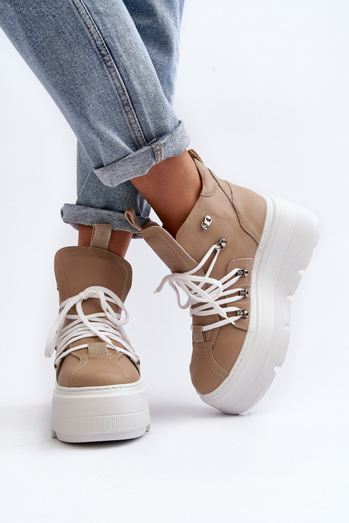 Zazoo 3416 Skórzane Damskie Buty Sportowe Beżowe