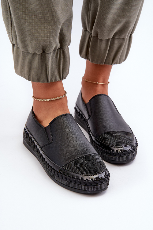 Skórzane Półbuty Damskie Na Platformie Czarne D&A LR370