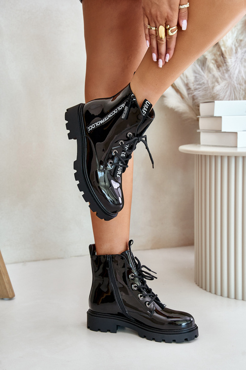 Lakierowane Botki Workery Damskie Ocieplane Z Napisami Czarne Zinfreya