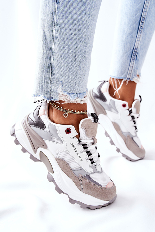 Sportowe Damskie Buty Cross Jeans Biało Szare II2R4020C
