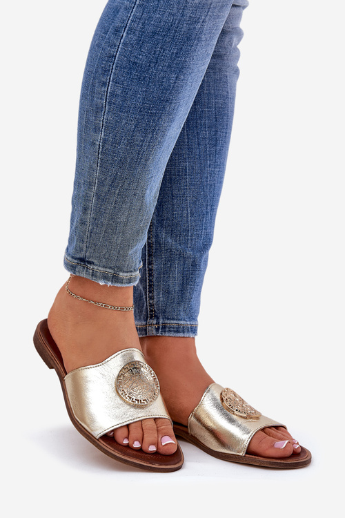 Zazoo 2938 Skórzane Klapki Na Płaskim Obcasie Z Ozdobą Złote