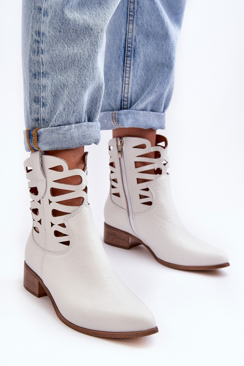 Ażurowe Damskie Skórzane Botki Białe Lewski 3329