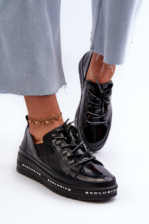 Sznurowane Półbuty Damskie Na Platformie Skóra Naturalna S.Barski LR620 Czarne