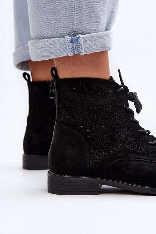 S.Barski HY66-136 Damskie Botki Ze Wzorem Czarne