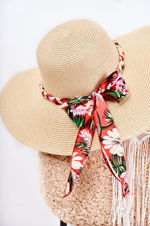 Damski Kapelusz Z Czerwonym Paskiem Beżowy Marsela