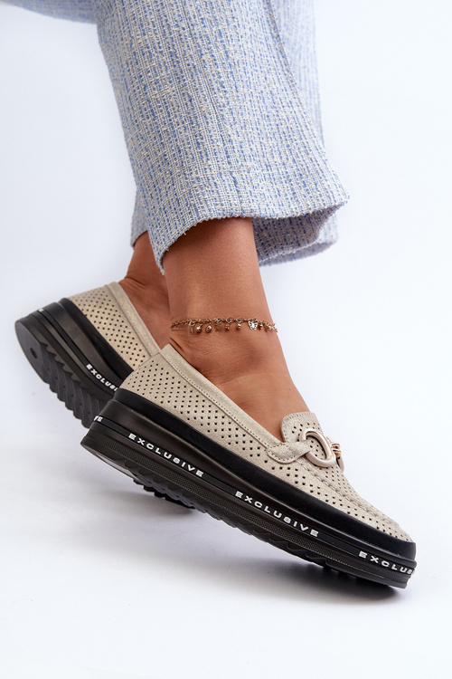 Skórzane Błyszczące Mokasyny Damskie Na Platformie Z Ozdobą S.Barski LR750 Złote