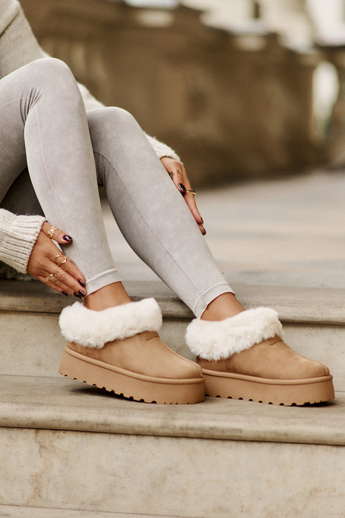 Śniegowce Z Niską Cholewką Z Futerkiem Na Platformie Eko Zamszowe Camel Neathoria