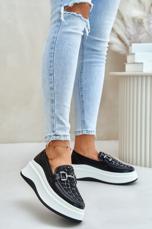 Skórzane Mokasyny Damskie Na Platformie Z Ozdobą Vinceza 89105 Czarne