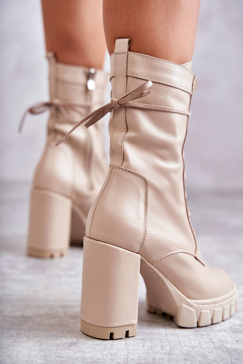 Damskie Skórzane Botki Na Platformie Beżowe Edna