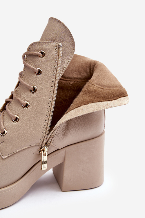 Skórzane Botki Damskie Na Słupku Beżowe Lemar Leocera