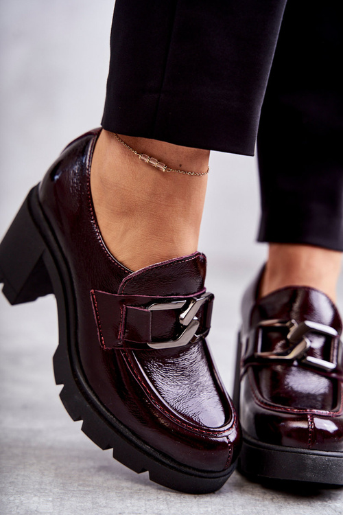 Eleganckie Półbuty Na Słupku Ze Srebrną Ozdobą Bordowe Harmell