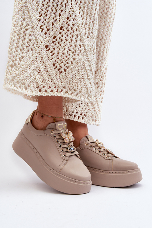 Damskie Skórzane Sneakersy Z Ozdobami CheBello 4292 Beżowe