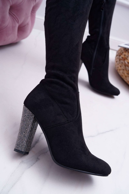 Kozaki Damskie Na Słupku Zamszowe Czarne Rabios