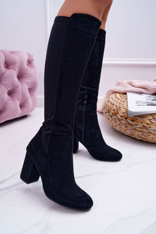 Kozaki Damskie Na Słupku Zamszowe z Lycrą Czarne Machine