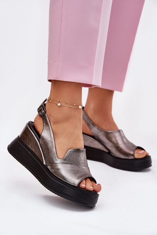 Skórzane Damskie Sandały Na Koturnie Artiker 54C0402 Grafitowe