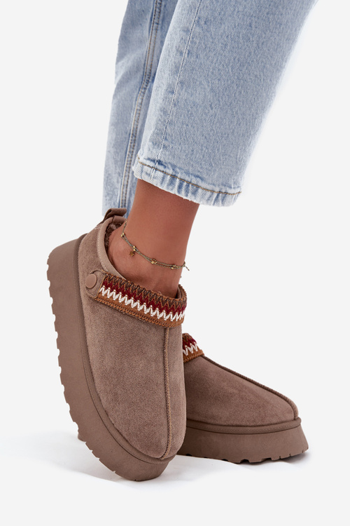 Śniegowce Damskie Niskie Z Ruchomym Paskiem I Haftem Na Platformie Ciemnobeżowe Lyrisse