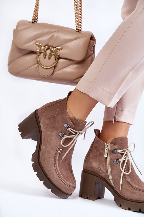 Damskie Zamszowe Botki Wiązane Jasnobrązowe Lemar Marianne