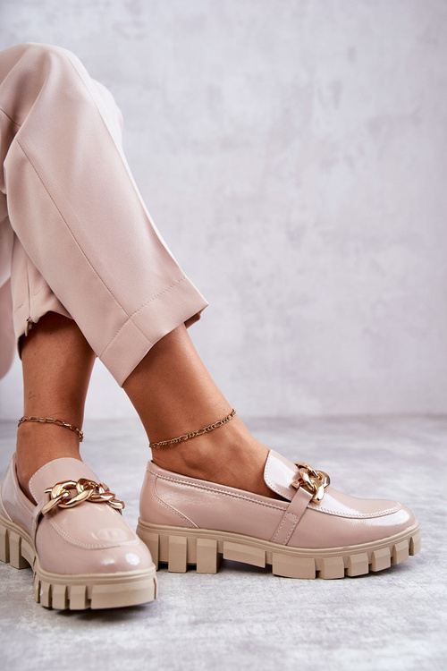 Lakierowane Półbuty Loafery Na Platformie Beżowe Inger