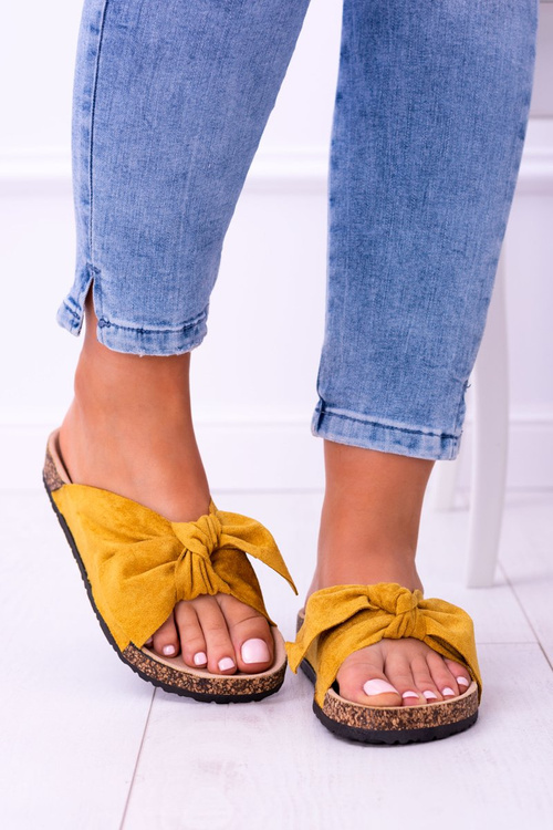 Żółte Damskie Klapki Z Kokardami Na Korku Sunshine