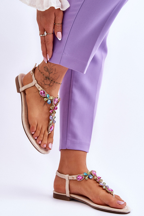 Zamszowe Sandały Japonki Z Kamieniami Beżowe Frency