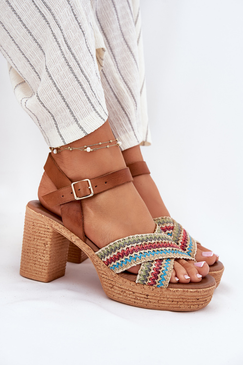 Skórzane Sandały Na Słupku Z Plecionką Na Paskach Zazoo 40460 Brązowe