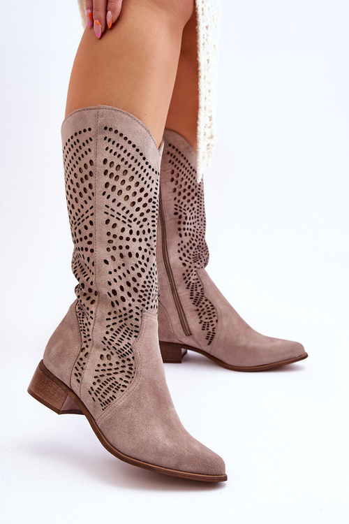 Zamszowe Kozaki Kowbojki Przed Kolano Lewski Shoes 3305 Cappuccino