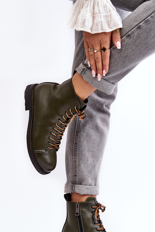 Skórzane Botki Trzewiki Damskie Zielone Ethel