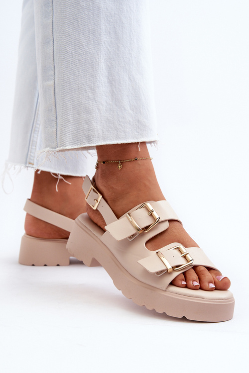 Sandały Damskie Z Klamrami Eko Skórzane Beżowe Konanttia