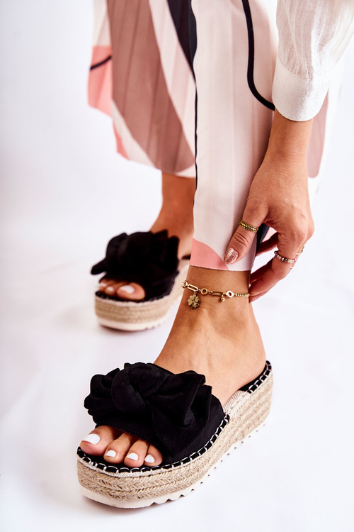 Damskie Klapki Na Koturnie Z Kokardą Czarne Tayla