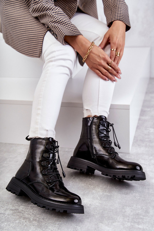 Damskie Lakierowane Ocieplane Botki Ze Ściągaczem Czarne Helia