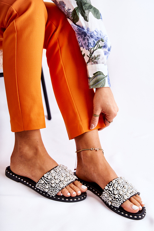 Damskie Klapki Z Perełkami Czarne Vamero