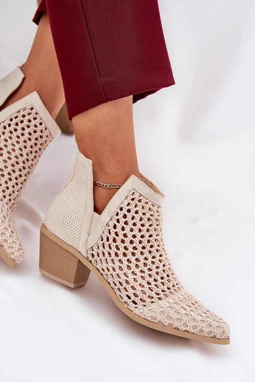 Ażurowe Botki Damskie Na Obcasie Z Wycięciami I Plecionką Jasnobeżowe Tulifedi