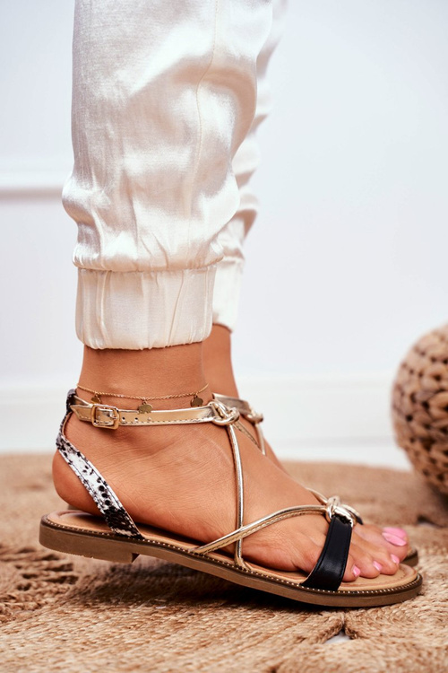 Skórzane Płaskie Sandały S.Barski LJ281 Czarno-Złote