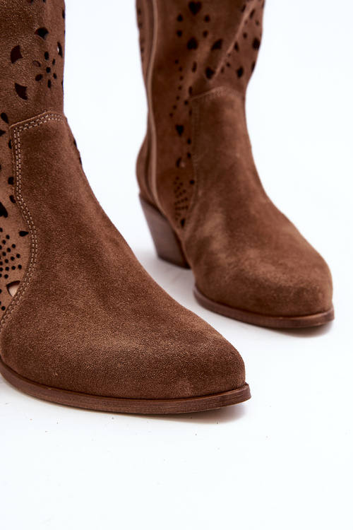 Zazoo 3396 Zamszowe Ażurowe Kozaki Do Połowy Łydki Brązowe