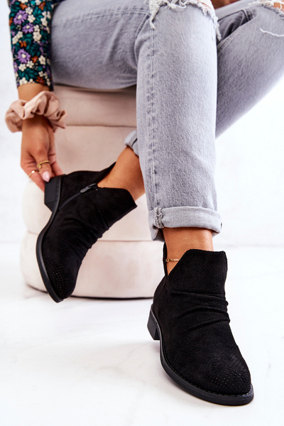 Ażurowe Marszczone Botki Czarne Cynthia