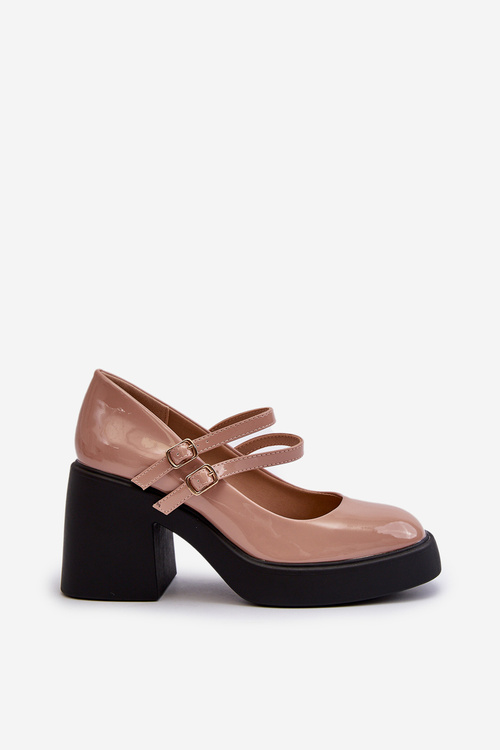 Czółenka Na Masywnym Obcasie Lakierowane Ciemnobeżowe Halmina