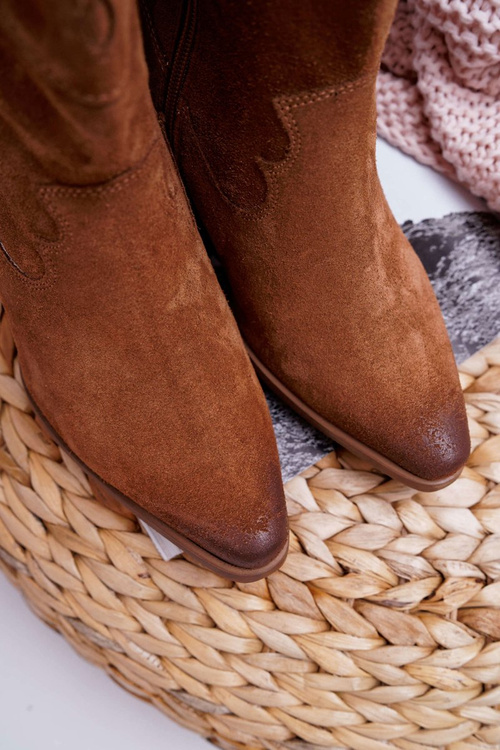 Kozaki Damskie Na Słupku Kowbojki Camel Brunt