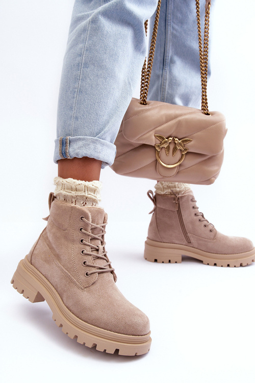 Zamszowe Trapery Botki Ocieplane Beżowe Alden