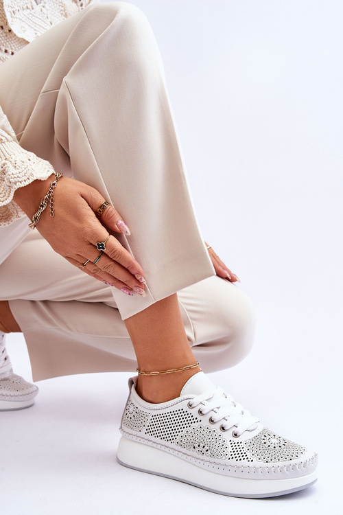 Damskie Skórzane Ażurowe Buty Sportowe Białe Marea