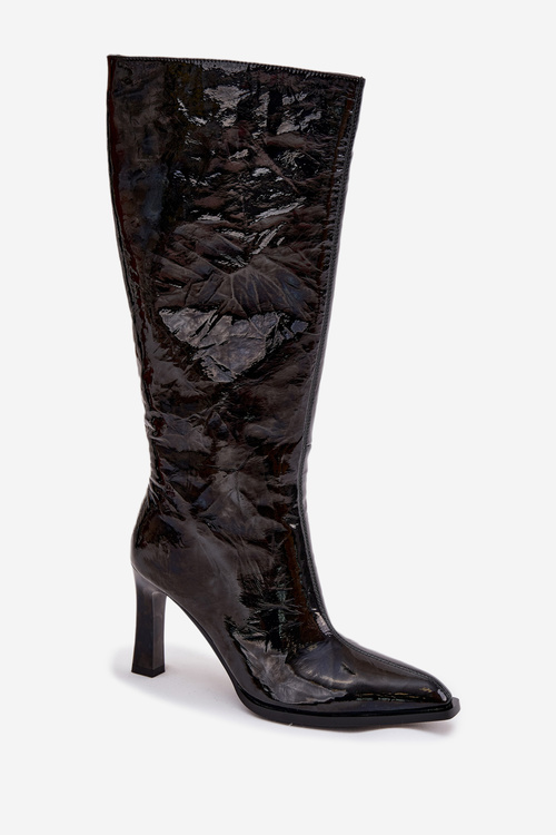 Skórzane Lakierowane Kozaki Damskie Na Obcasie Ocieplane D&A CR52-716 Czarne