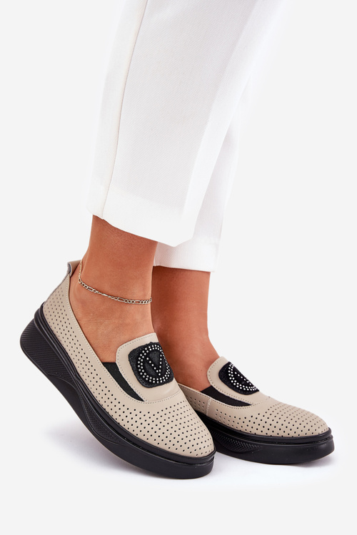 Mokasyny Damskie Skórzane Na Platformie I Koturnie Vinceza 79522 Beżowe