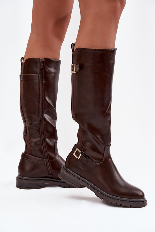 Ocieplane Kozaki Damskie Na Płaskim Obcasie Z Klamrami Czekoladowe Sarelle