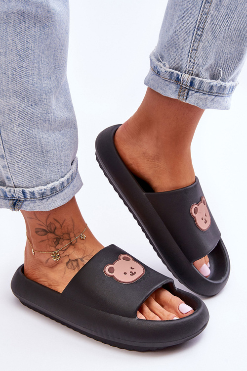 Lekkie Damskie Piankowe Klapki Z Misiem Czarne Lia