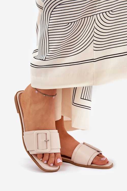 Płaskie Klapki Damskie Eko Skórzane Z Klamrą Beżowe Bamma