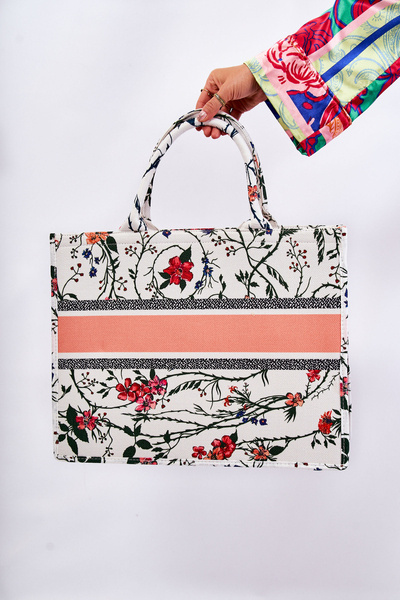 Duża Klasyczna Torebka W Print Biało-Pomarańczowa Micola