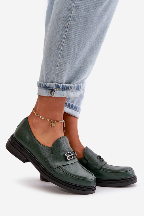 Zazoo 20174 Skórzane Eleganckie Półbuty Damskie Na Płaskim Obcasie Ciemnozielone