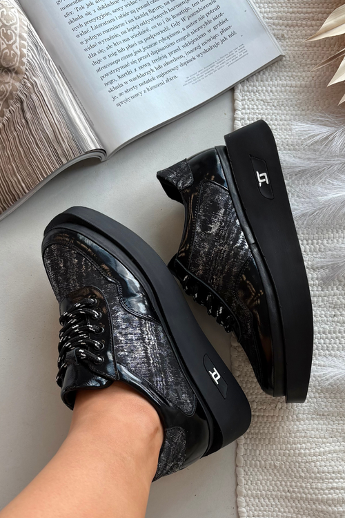 Skórzane Sznurowane Półbuty Damskie Na Platformie Artiker 57C2043 Czarno-Srebrne